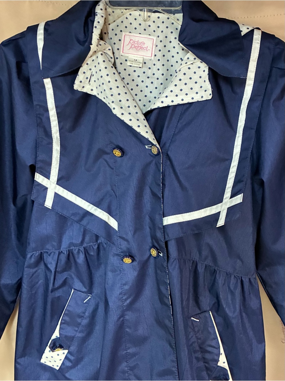 Vintage Picture Perfect Nautical Raincoat Trench Polka Dot Lined Sz 14 Girls